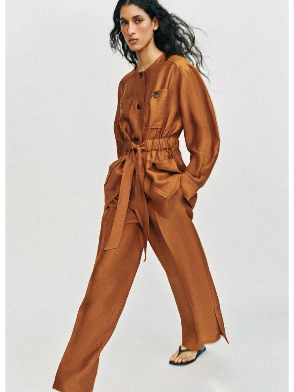 Zara Flowy Linen Blend Pants in Curry / Rust
